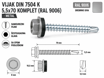 VIJAK DIN 7504 K 5,5x70 KOMPLET (RAL 9006)-METAL